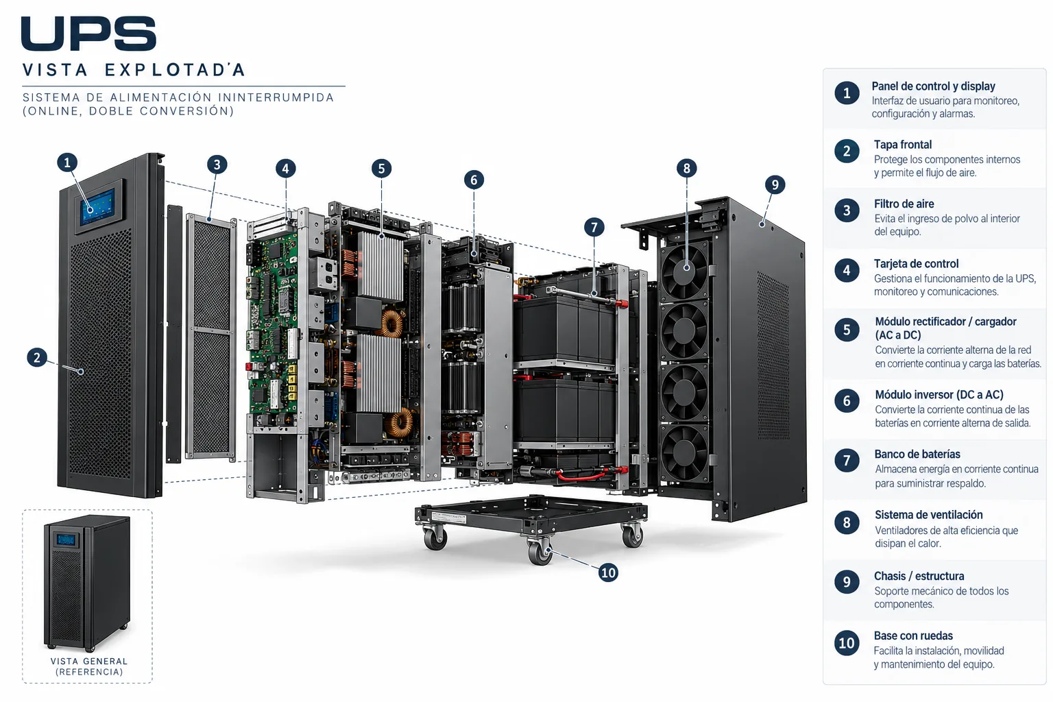 Vista explotada de una UPS online de doble conversión: panel de control, tapa frontal, filtro de aire, tarjeta de control, módulo rectificador/cargador, módulo inversor, banco de baterías, ventilación, chasis y base con ruedas.
